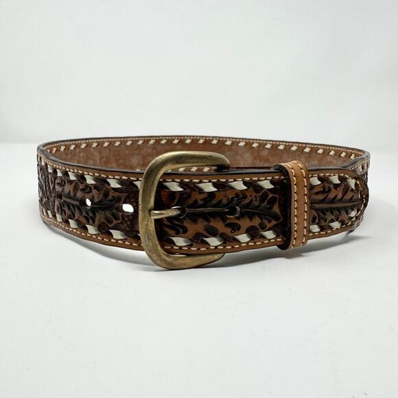 Tory Full Grain Cowhide Brown Leather Tooled Acorn Oak Leaf Laced Belt Size 30 - Picture 1 of 12